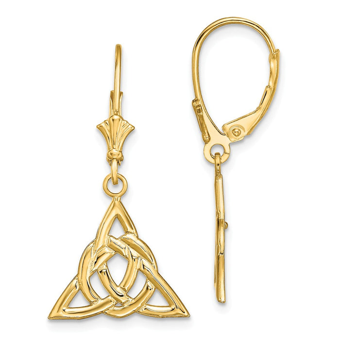 Million Charms 14k Yellow Gold Small Celtic Trinity Knot Leverback Earrings, 31.35mm x 16mm