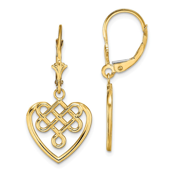 Million Charms 14k Yellow Gold Celtic Knot Heart Leverback Earrings, 33.1mm x 15.65mm