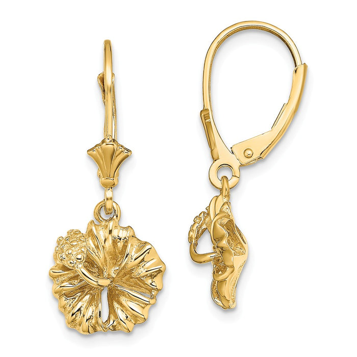 Million Charms 14k Yellow Gold 2-D Textured Hibiscus Flower Leverback Earrings, 28mm x 11.5mm
