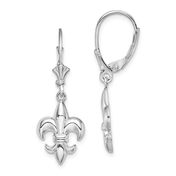 Million Charms 14K White Gold SMALL FLEUR-DE-LIS LEVERBACK EARRINGS, 33mm x 11.5mm