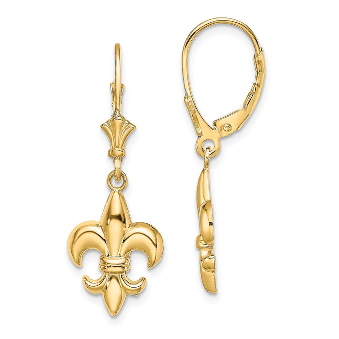 Million Charms 14k Yellow Gold SMALL FLEUR-DE-LIS LEVERBACK EARRINGS, 33mm x 11.5mm