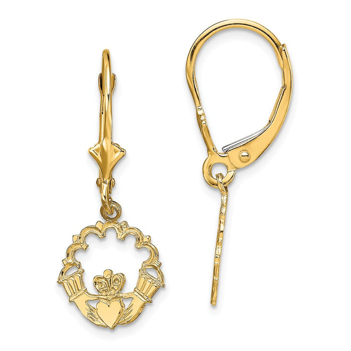 Million Charms 14k Yellow Gold CLADDAGH IN CIRCLE with LACE TRIM / LEVERBACK EARRINGS, 27mm x 10.8mm