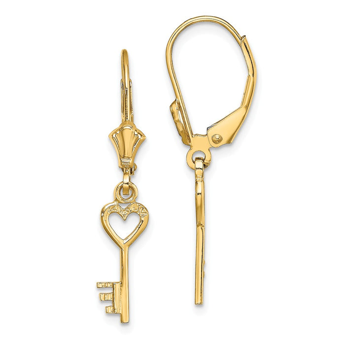 Million Charms 14k Yellow Gold Polished Heart Key Leverback Earrings, 31.3mm x 4.3mm