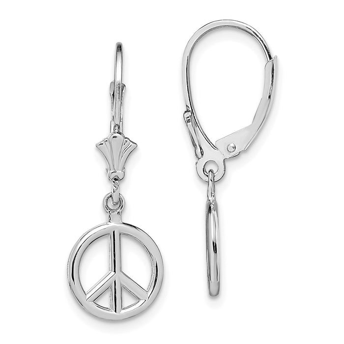 Million Charms 14K White Gold 3-D Peace Symbol Leverback Earrings, 10.1mm x 10.1mm