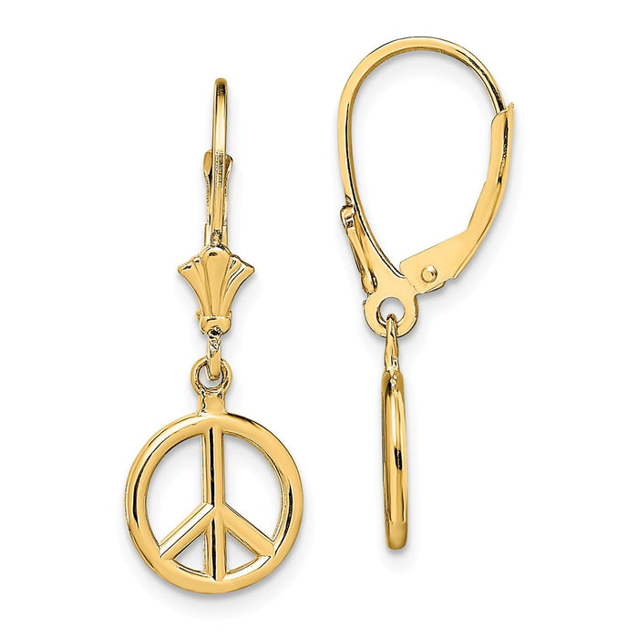 Million Charms 14k Yellow Gold 3-D Peace Symbol Leverback Earrings, 10.1mm x 10.1mm