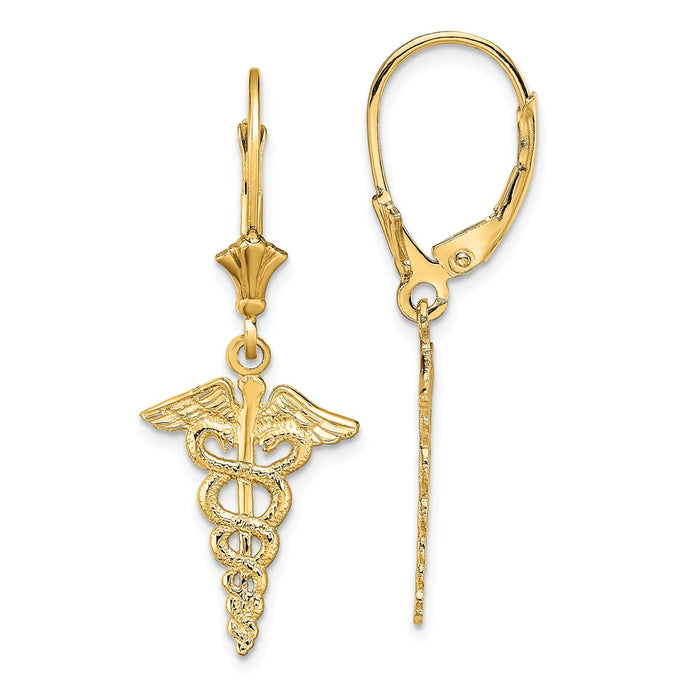 Million Charms 14k Yellow Gold Caduceus Leverback Earrings, 33.6mm x 12.83mm