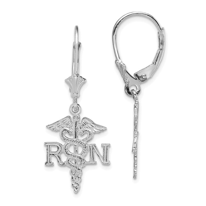 Million Charms 14K White Gold RN Caduceus Leverback Earrings, 33.6mm x 13.56mm