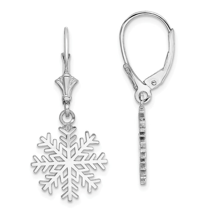 Million Charms 14K White Gold 3-D Snowflake Leverback Earrings, 13.63mm x 13.63mm