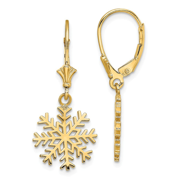 Million Charms 14k Yellow Gold 3-D Snowflake Leverback Earrings, 13.63mm x 13.63mm
