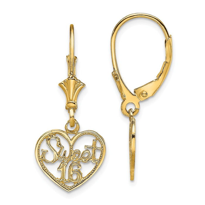 Million Charms 14k Yellow Gold Polished SWEET 16 in Heart Dangle Leverback Earrings, 27.15mm x 11.25mm