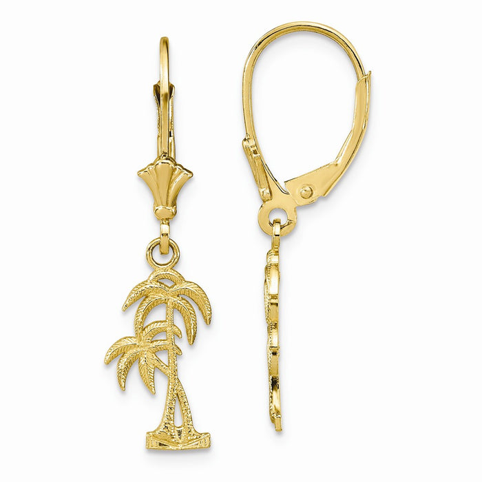 Million Charms 14k Yellow Gold Palm Tree Leverback Earrings, 35.25mm x 12.6mm