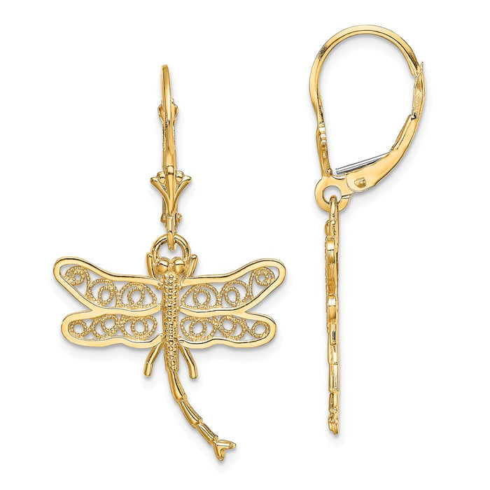 Million Charms 14k Yellow Gold DRAGONFLY with BEADED FILIGREE WINGS LEVERBACK EARRINGS, 29.9mm x 11mm