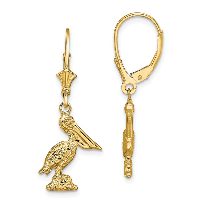 Million Charms 14k Yellow Gold 3-D Pelican Standing Leverback Earrings, 33.15mm x 12.6mm