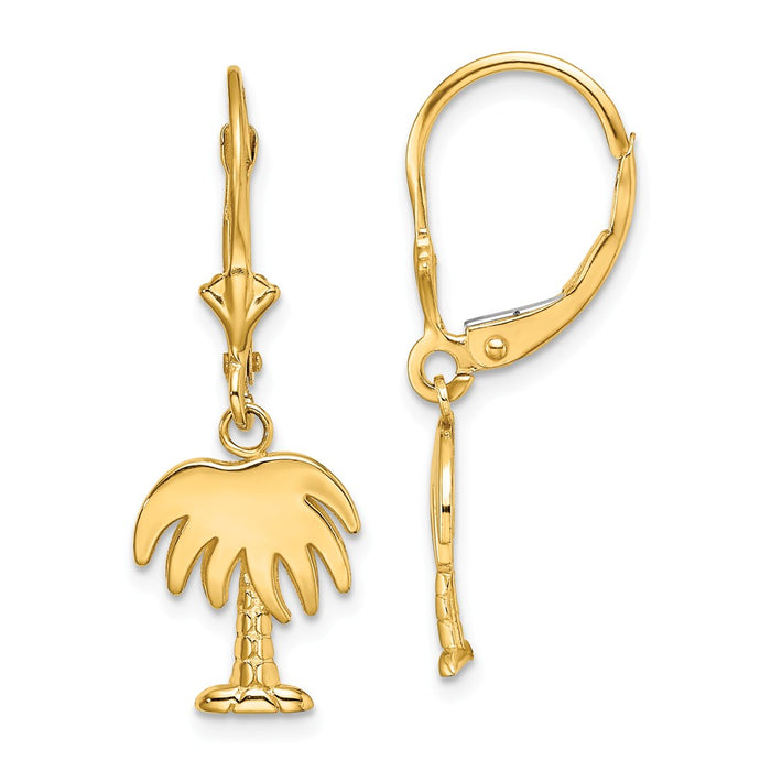 Million Charms 14k Yellow Gold Charleston Palm Tree Leverback Earrings, 28.57mm x 10.36mm