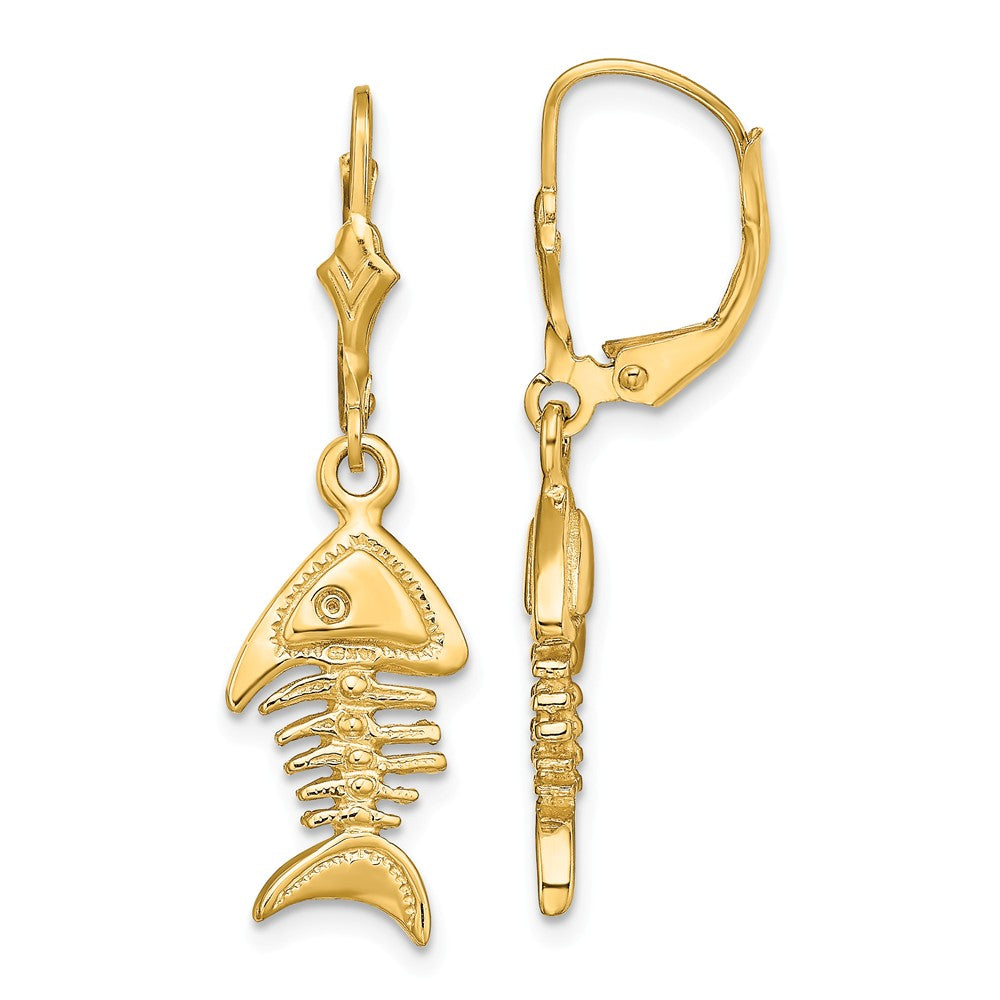 Million Charms 14k Yellow Gold 3-D Fishbone Leverback Earrings, 35mm x 9.8mm