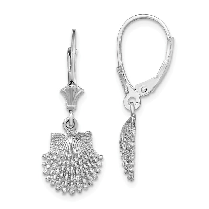 Million Charms 14K White Gold Beaded Scallop Shell Leverback Earrings, 28.7mm x 11mm