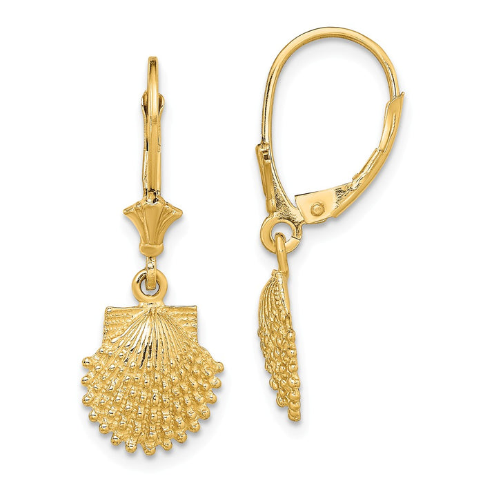 Million Charms 14k Yellow Gold 2-D Beaded Scallop Shell Leverback Earrings, 28.7mm x 11mm