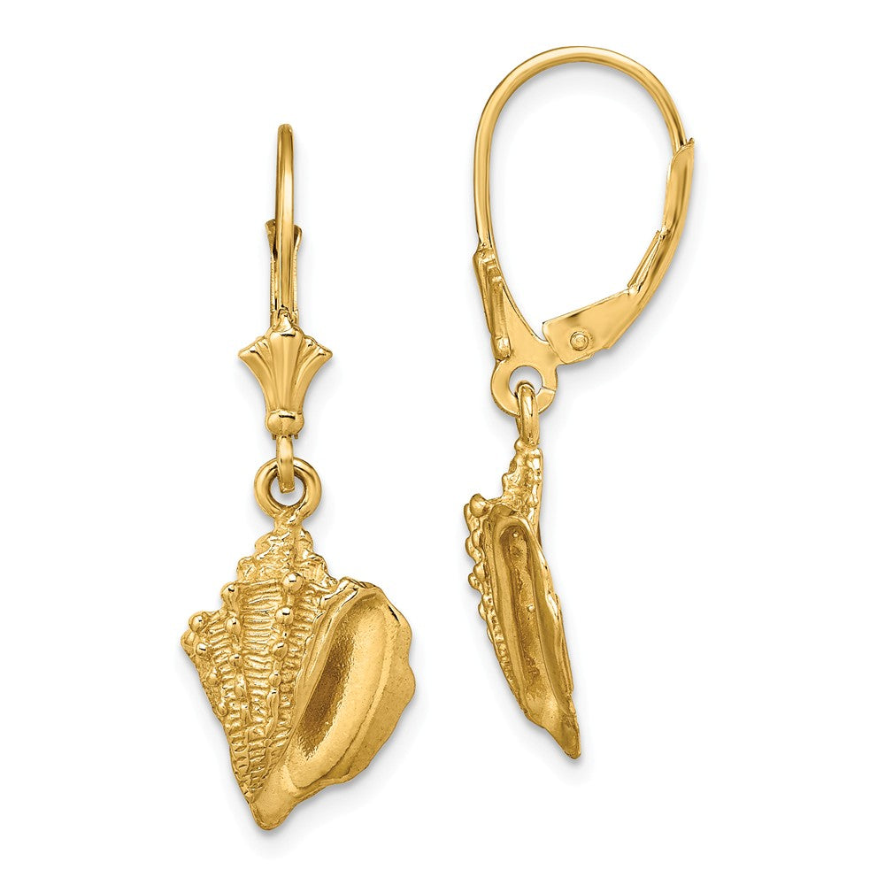 Million Charms 14k Yellow Gold Conch Shell Leverback Earrings, 31.3mm x 10.5mm