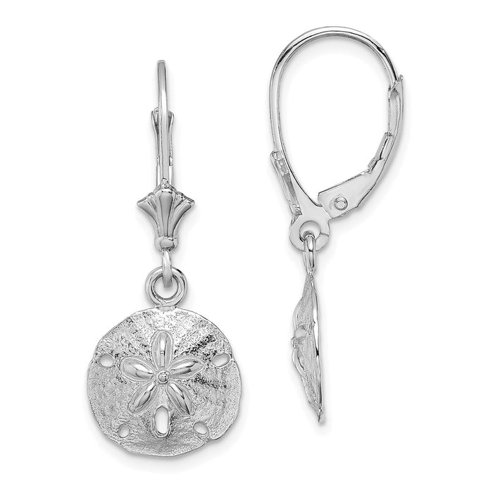 Million Charms 14K White Gold Polished Sand Dollar Leverback Earrings, 29.25mm x 11.6mm
