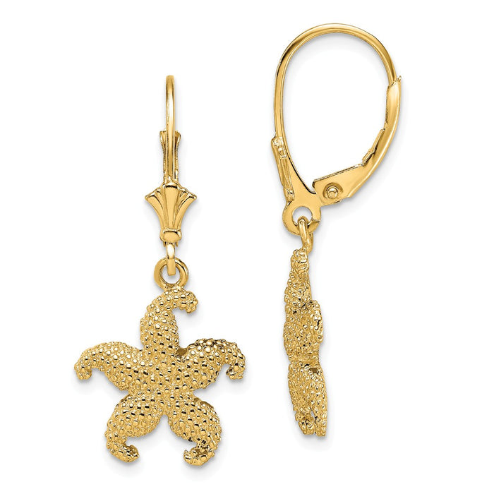 Million Charms 14k Yellow Gold 2-D Puffed Starfish Leverback Earrings, 32.1mm x 14.2mm