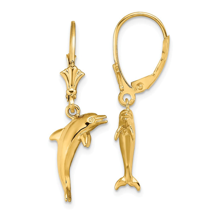 Million Charms 14k Yellow Gold 3-D Mini Dolphin Jumping Leverback Earrings, 31.2mm x 16mm