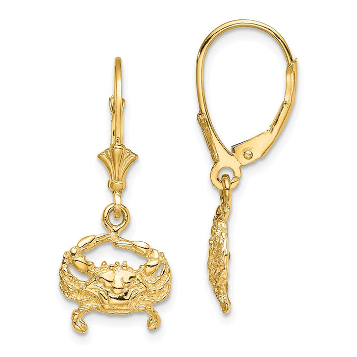 Million Charms 14k Yellow Gold 2-D BLUE CRAB LEVERBACK EARRINGS, 28mm x 11.6mm