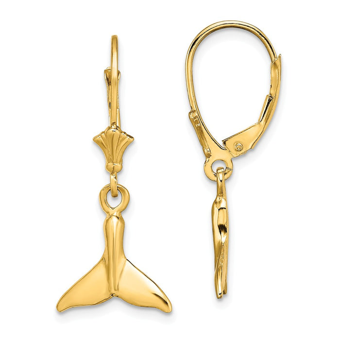 Million Charms 14k Yellow Gold Small Whale Tail Leverback Earrings, 28.65mm x 12.3mm