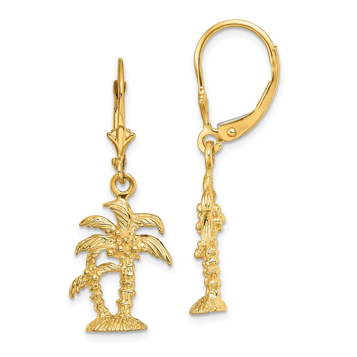 Million Charms 14k Yellow Gold 3-D & Textured Palm Trees Leverback Earrings, 33.21mm x 12.74mm