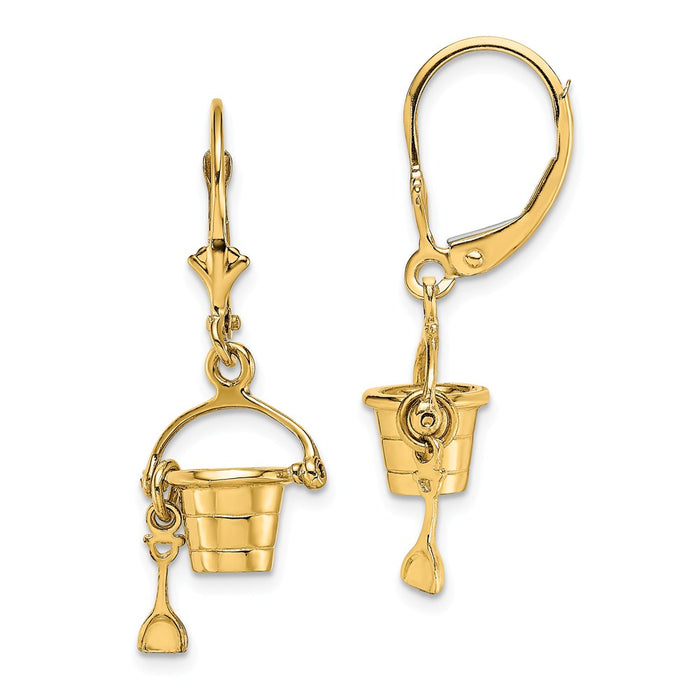 Million Charms 14k Yellow Gold 3-D Beach Bucket with Shovel Leverback Earrings, 27.2mm x 11.15mm