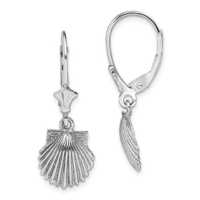 Million Charms 14K White Gold Scallop Shell Leverback Earrings, 11.4mm x 10mm