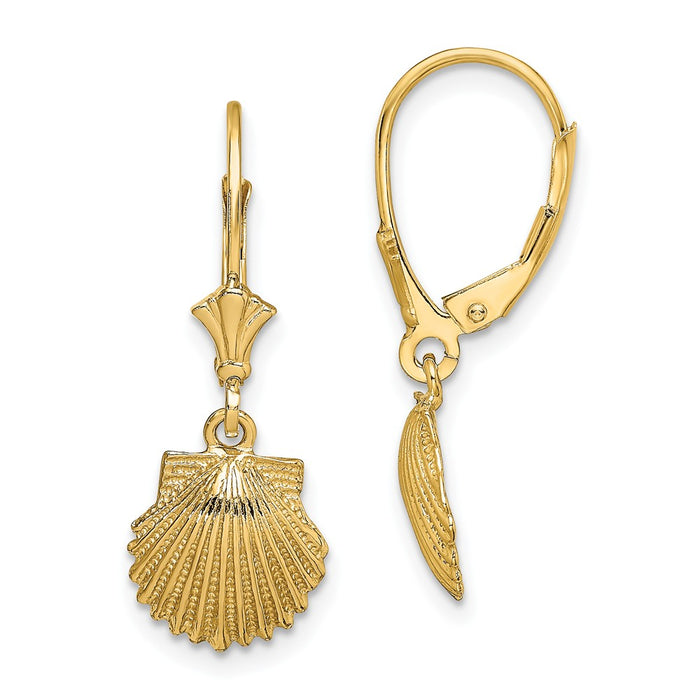 Million Charms 14k Yellow Gold 2-D Scallop Shell Leverback Earrings, 11.4mm x 10mm