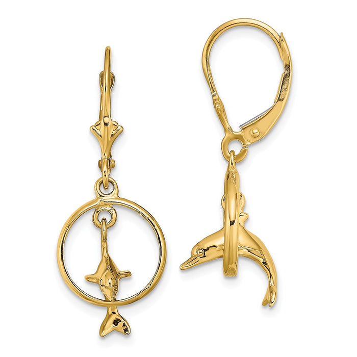 Million Charms 14k Yellow Gold 3-D Dolphin Jumping Through Hoop Leverback Earrings, 32.85mm x 12mm