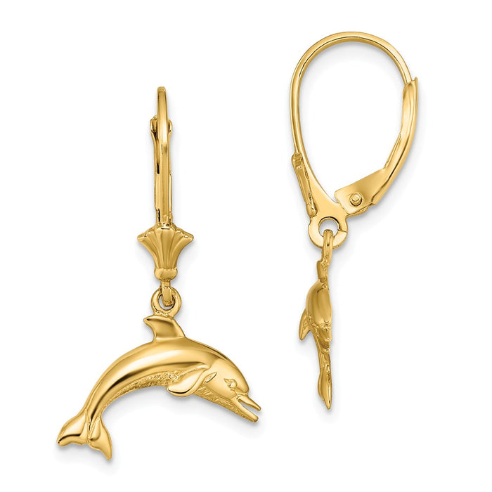 Million Charms 14k Yellow Gold Jumping Dolphin Leverback Earrings, 28mm x 16.2mm