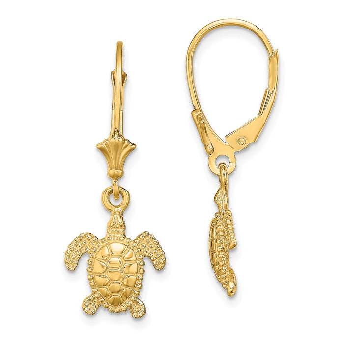 Million Charms 14k Yellow Gold 3-D Polished Mini Sea Turtle Leverback Earrings, 29.5mm x 29.5mm