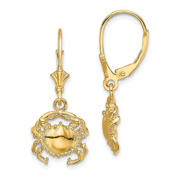 Million Charms 14k Yellow Gold Polished & 2-D CRAB LEVERBACK EARRINGS, 29.5mm x 12.6mm