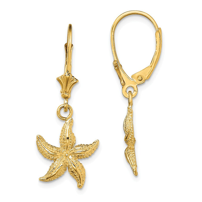 Million Charms 14k Yellow Gold 2-D Textured & Polished Starfish Leverback Earrings, 30.4mm x 12.1mm
