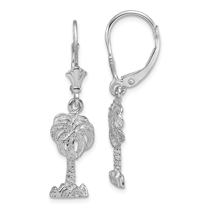 Million Charms 14K White Gold PALM TREE LEVERBACK EARRINGS / 2-D, 34.2mm x 8.9mm
