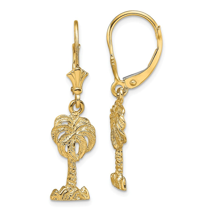 Million Charms 14k Yellow Gold PALM TREE LEVERBACK EARRINGS / 2-D, 34.3mm x 8.9mm