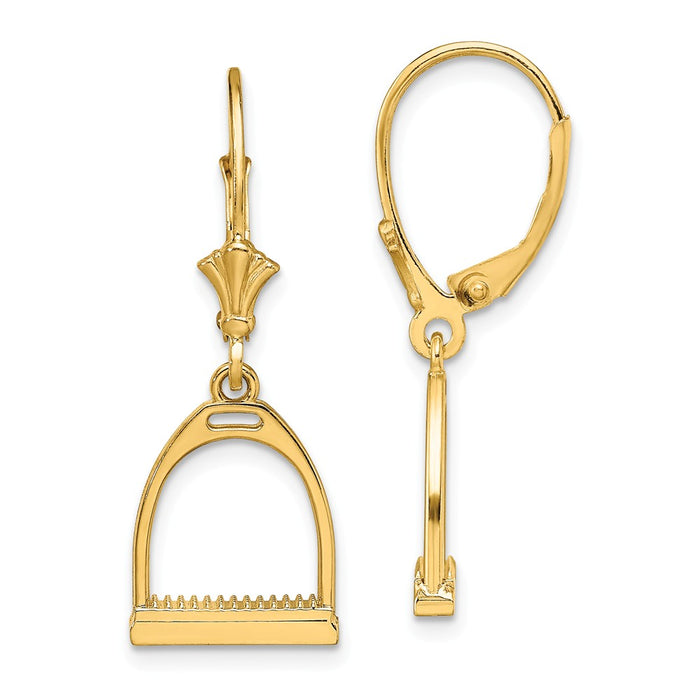 Million Charms 14k Yellow Gold 3-D Small Horse Stirrup Leverback Earrings, 30.2mm x 10.9mm