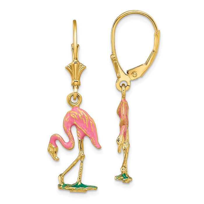 Million Charms 14k Yellow Gold with Enamel 3-D Flamingo Leverback Earrings, 35.55mm x 11.2mm