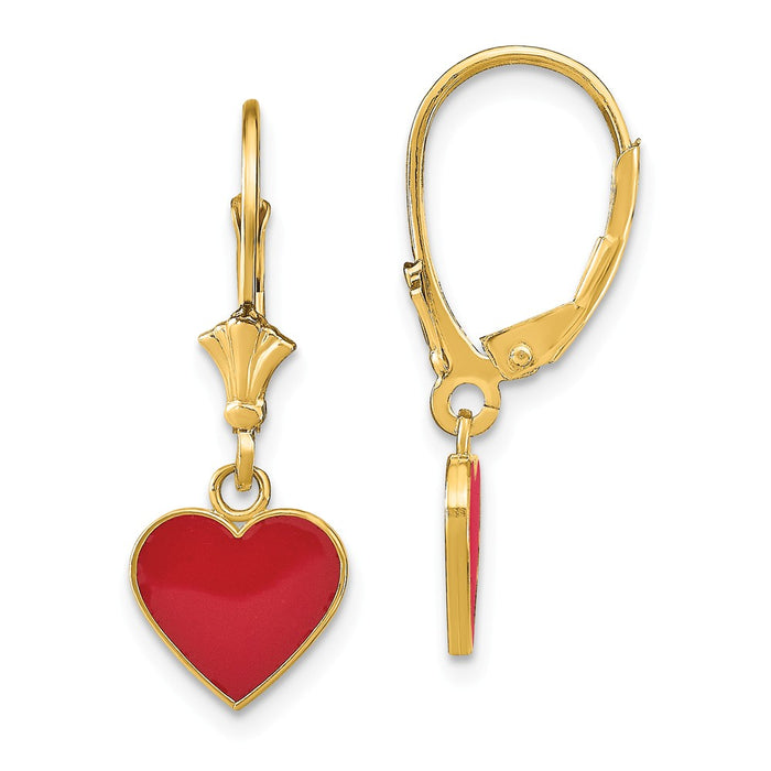 Million Charms 14k Yellow Gold Polished Enameled Heart Dangle Leverback Earrings, 26mm x 9mm
