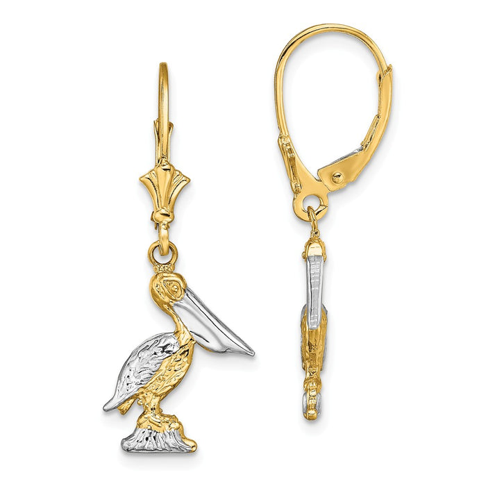 Million Charms 14K & Rhodium 3-D Pelican Standing with Leverback Earrings, 33.35mm x 13.55mm