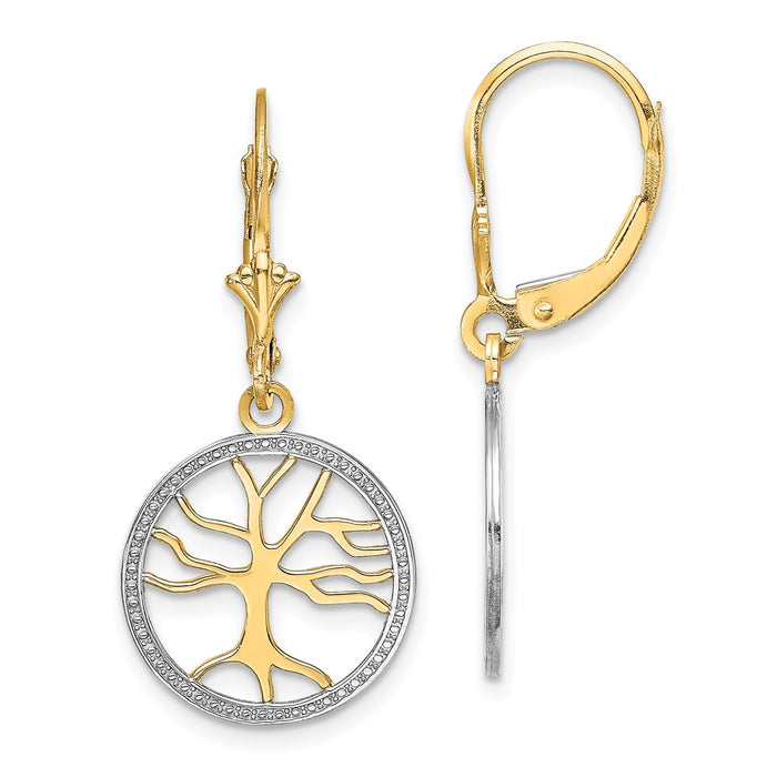 Million Charms 14K Tree of Life with Rhodium-Plated Round Frame Leverback Earrings, 32mm x 14.95mm