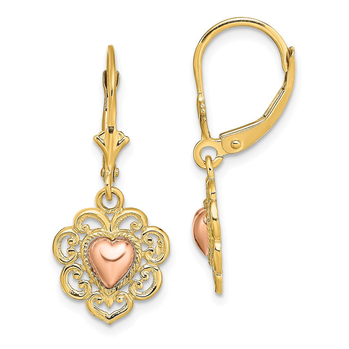 Million Charms 14k Two-Tone Polished Heart Leverback Earrings, 26.6mm x 10.8mm