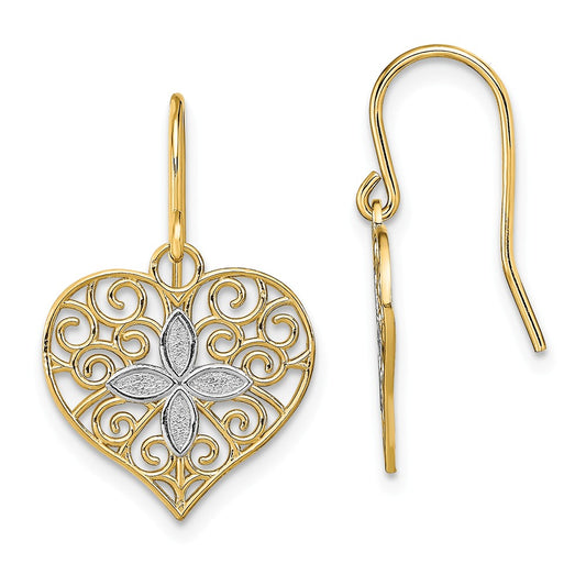 Million Charms 14K & White Rhodium Polished Filigree Heart Shepherd Hook Earrings, 24mm x 15mm
