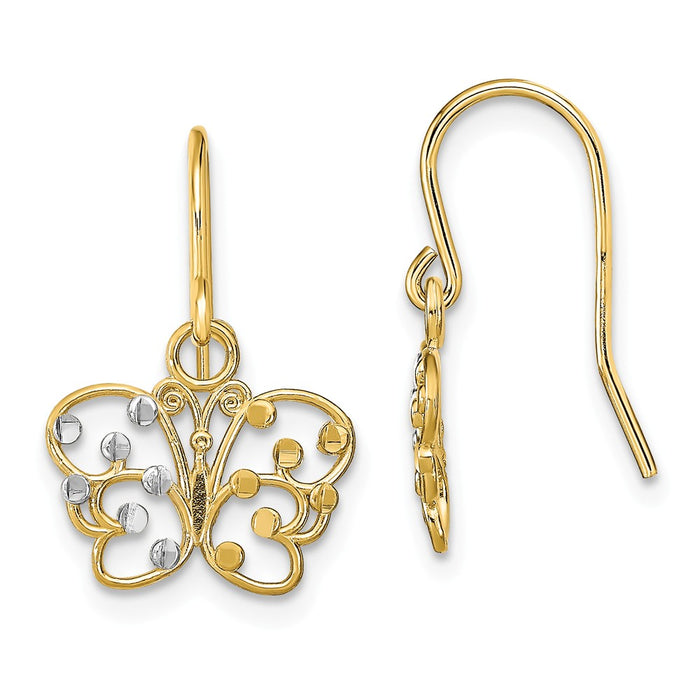Million Charms 14K with Rhodium-Plated Diamond-Cut Butterfly Wire Earrings, 8.6mm x 12.8mm