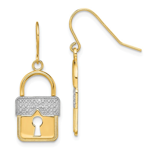 Million Charms 14K & White Rhodium Polished Lock Shepherd Hook Earrings, 27.7mm x 10.7mm