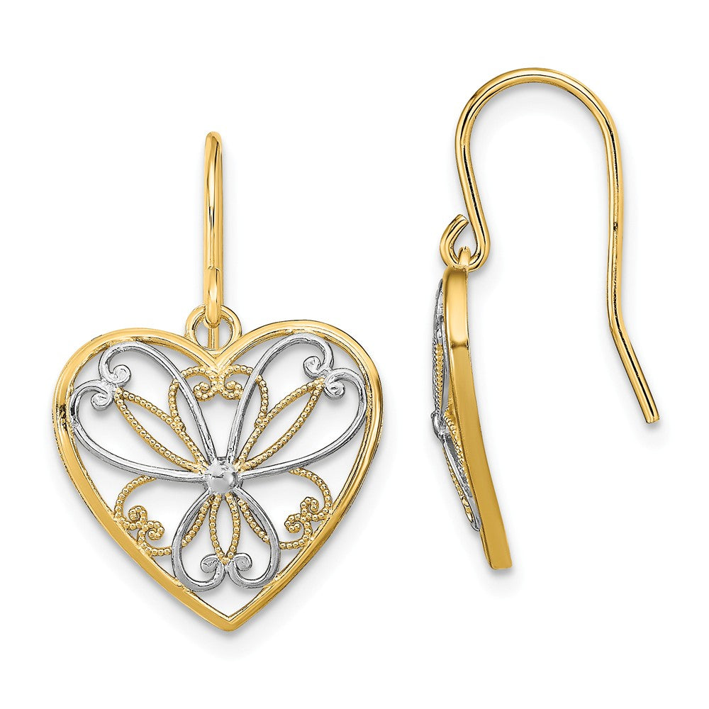 Million Charms 14K & White Rhodium Polished Filigree Heart Shepherd Hook Earrings, 25mm x 16mm