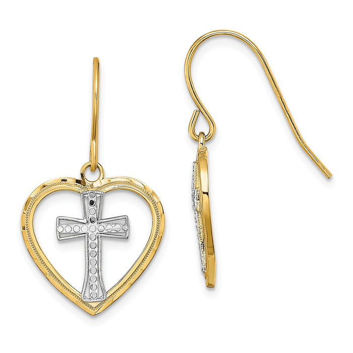 Million Charms 14k with Rhodium-Plated Cross In Center Heart Earrings, 15.65mm x 16.3mm