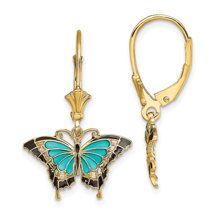 Million Charms 14k Yellow Gold BUTTERFLY with AQUA STAINED GLASS WINGS LEVERBACK EARRINGS, 26.45mm x 17.2mm